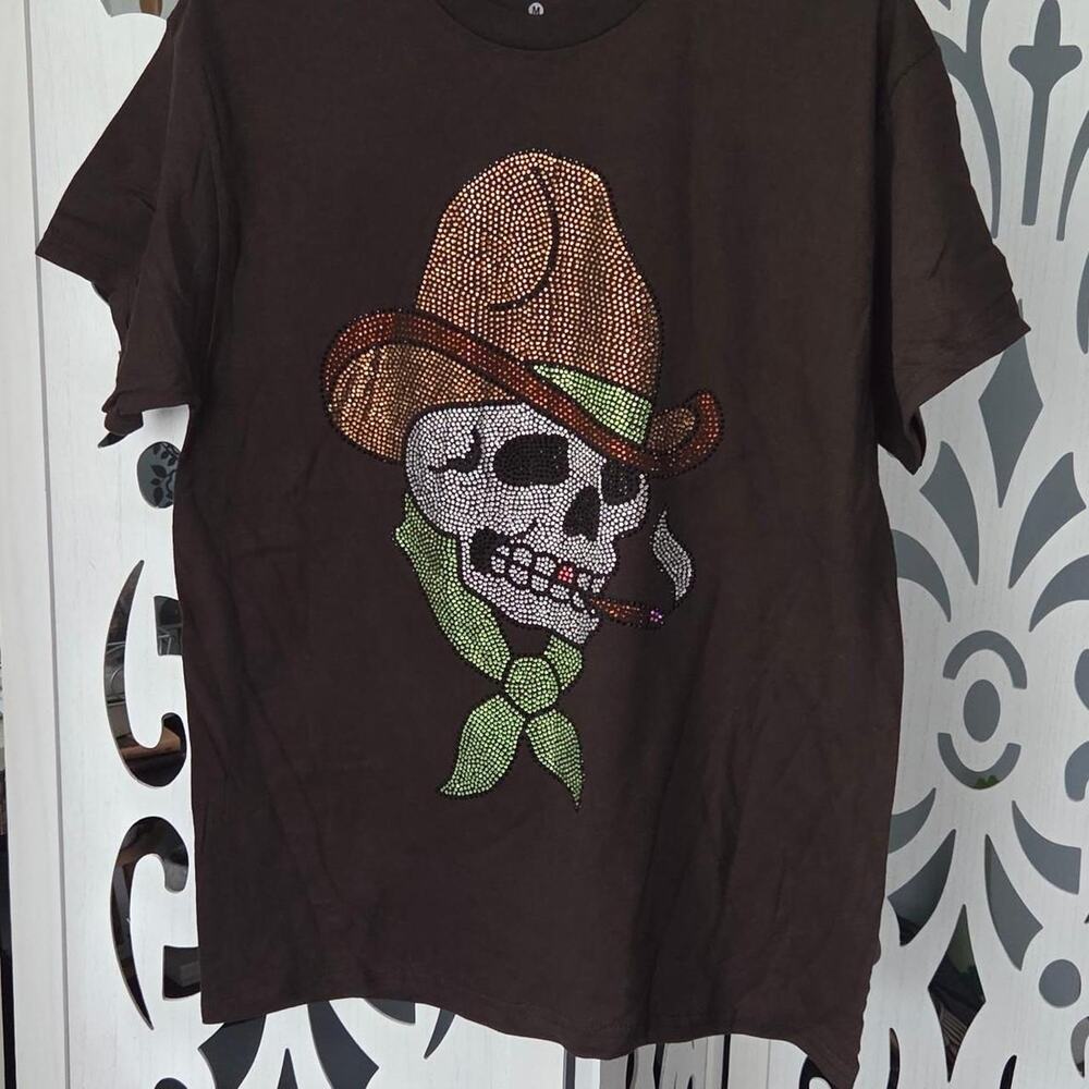 Spencer Gifts Skull Shirt Medium M Brown Rhinestone Cowgirl Graphic Tee Cotton
